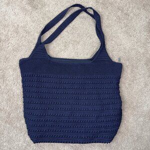 The Sak Tote Bag Blue Crochet Knit Shoulder Woven Hobo Beach Resort Vacation